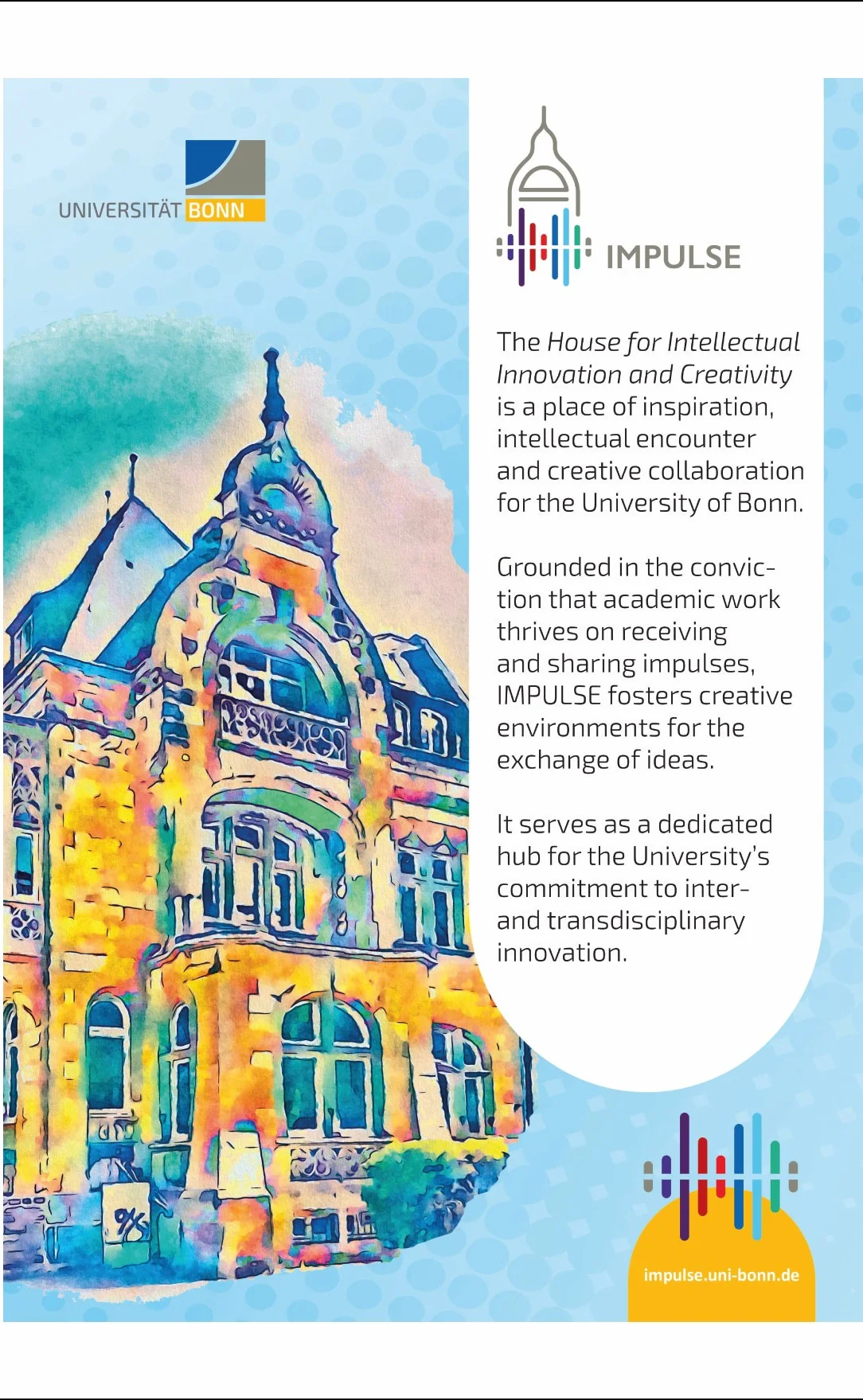 Logo des IMPULSE, das ein spitzes Türmchen als Element der Fassade der Villa Ermekeil in der Adenauerallee 131 aufnimmt. Ergänzt durch eine graphische Darstellung eines Spektrums von "IMPULSEN" in den Farben der Fakultäten der Universität, wie auf Spektrometer.