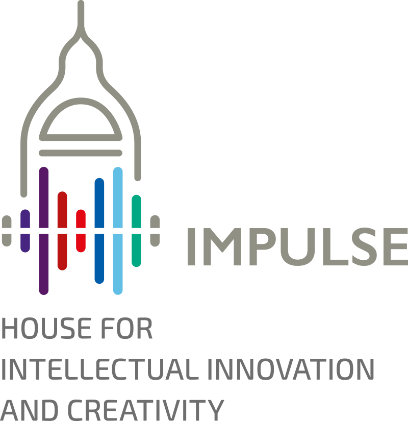 Logo des IMPULSE, das ein spitzes Türmchen als Element der Fassade der Villa Ermekeil in der Adenauerallee 131 aufnimmt. Ergänzt durch eine graphische Darstellung eines Spektrums von "IMPULSEN" in den Farben der Fakultäten der Universität, wie auf Spektrometer.